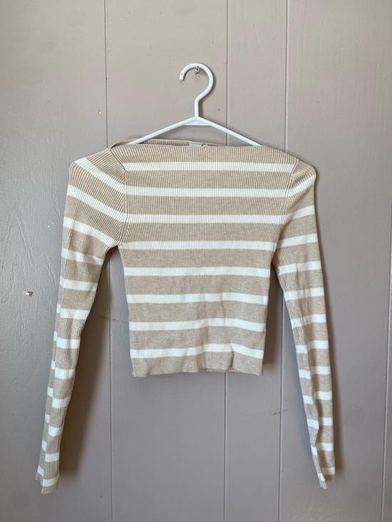 twik Tops - twik Beige and White Striped Ribbed Crop Top